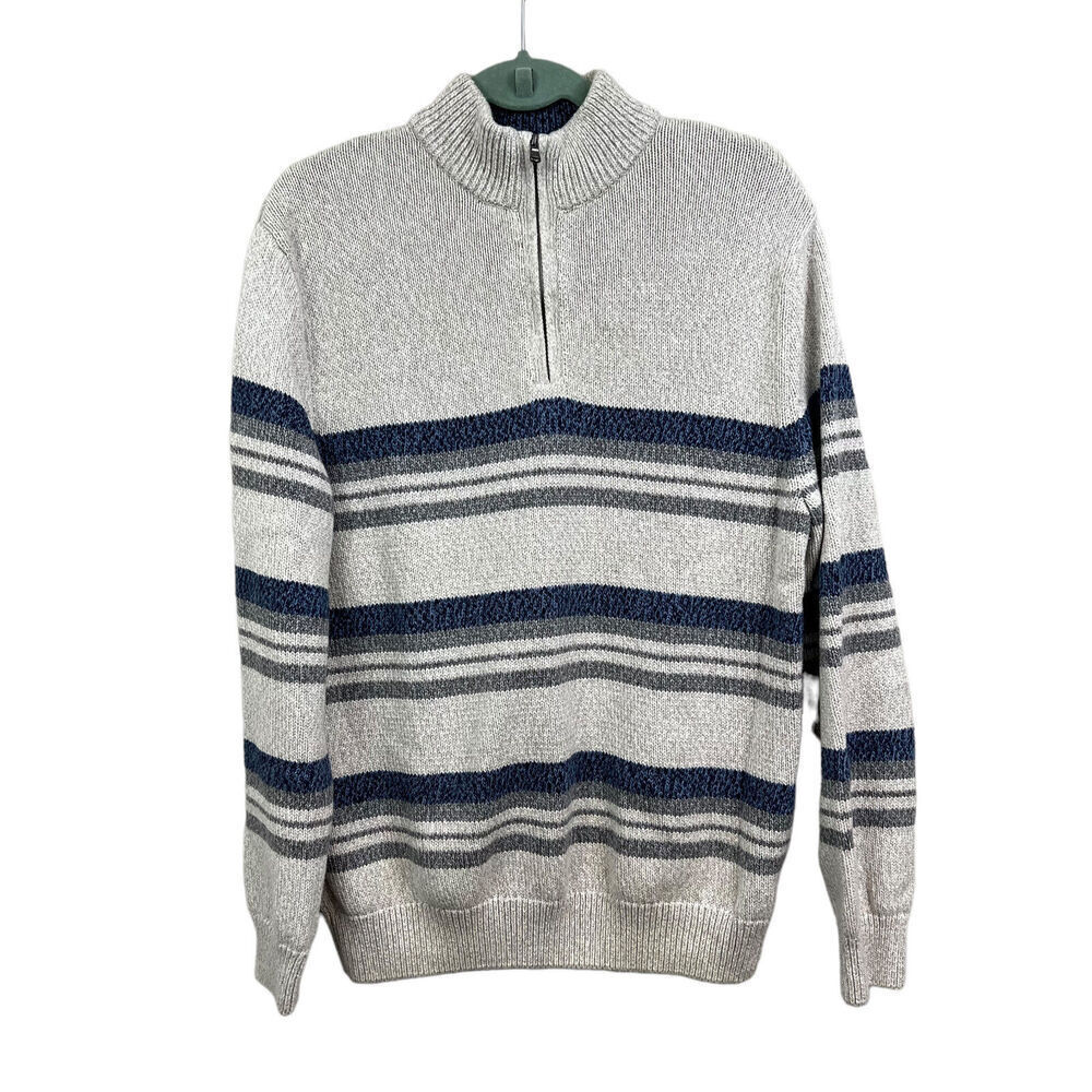Chaps Sweater Mock Collar Quarter Zip Striped Heather Gray Beige Blue Men Sz M*